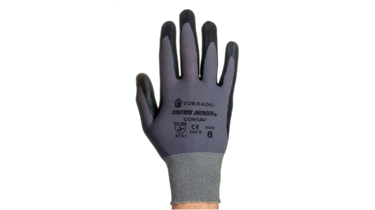 Guantes de trabajo de Nylon Negro; gris Tornado serie Contour Avenger, talla 7, con recubrimiento de Polímero,