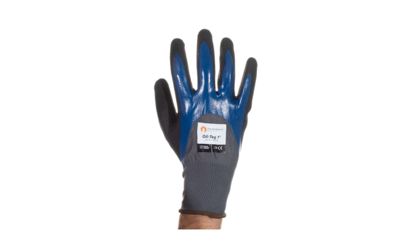Guantes de trabajo de Nylon Negro, Azul Tornado serie Oil-Teq 1, talla 8, con recubrimiento de Polímero, Resistentes a