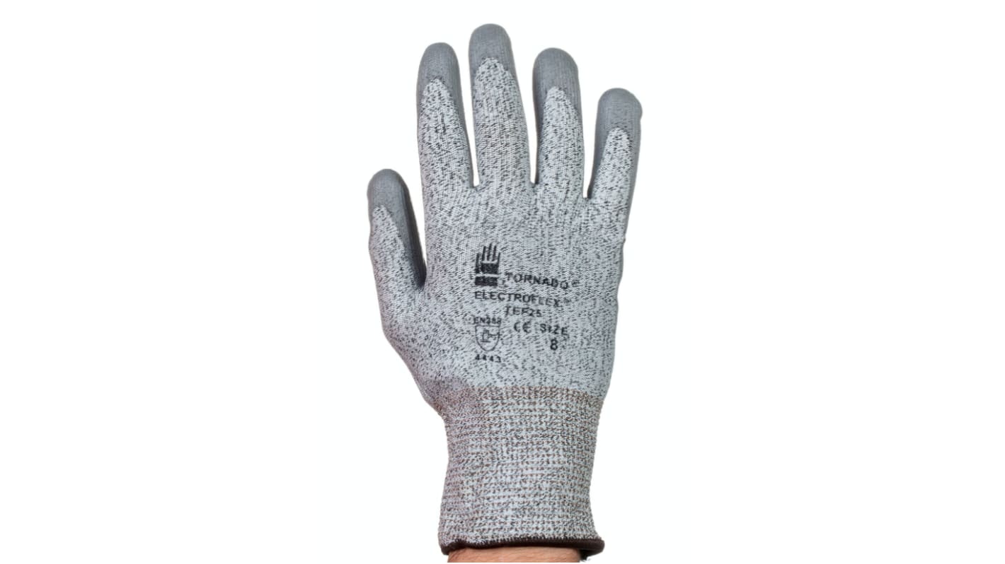 Tornado Electroflex Grey Abrasion Resistant, Cut Resistant Work Gloves, Size 6, Polyurethane Coating