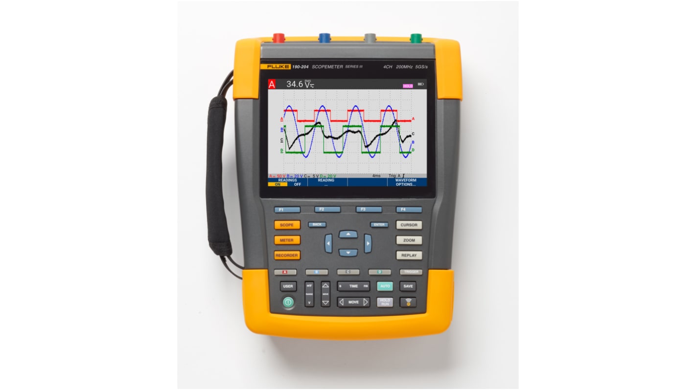 Fluke 190-204-III ScopeMeter III Series Digital Portable Oscilloscope, 4 Analogue Channels, 200MHz - RS Calibrated