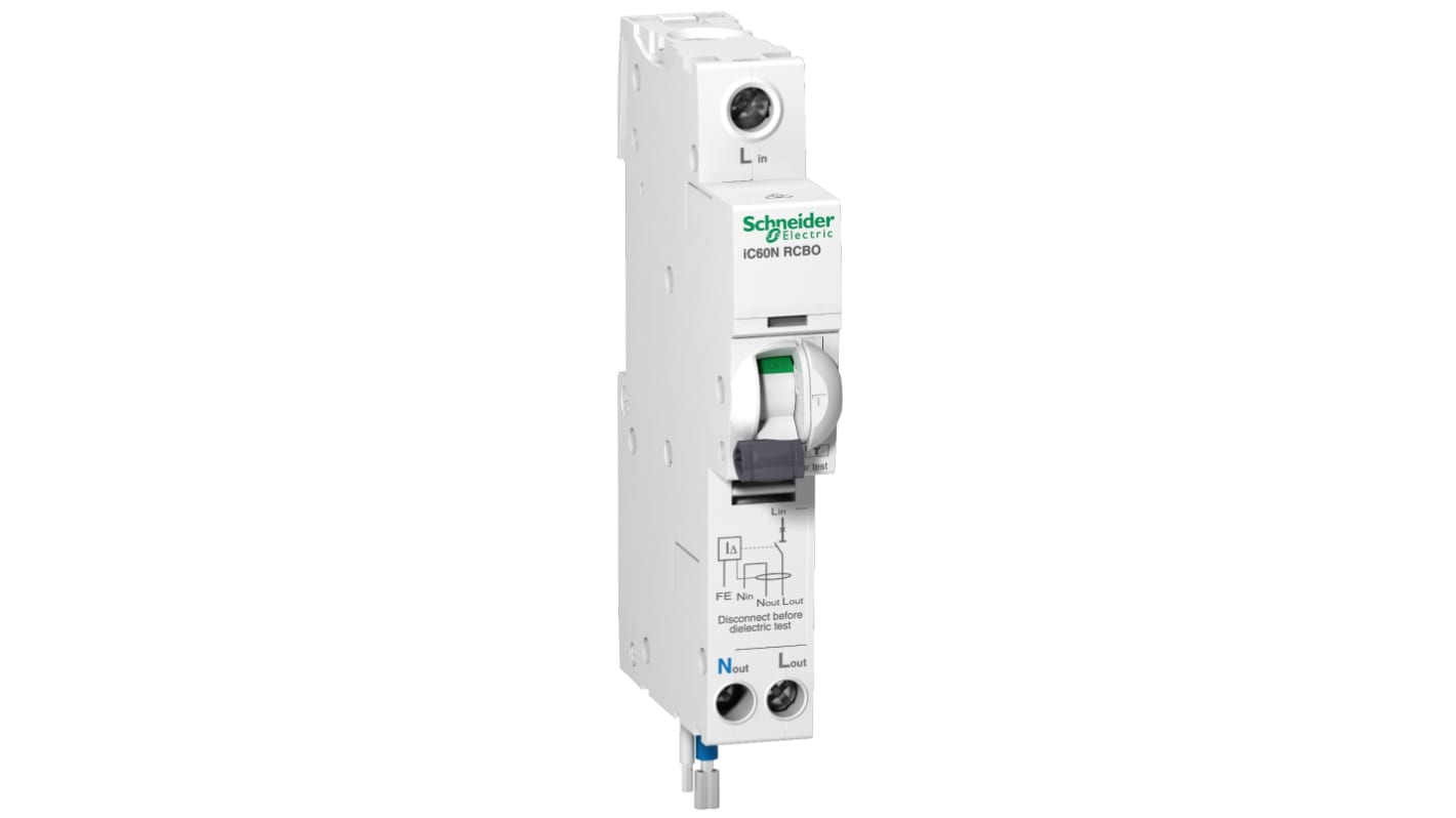 Schneider Electric RCBO, 6A Current Rating, 1P Poles, 30mA Trip Sensitivity, Acti 9 Range