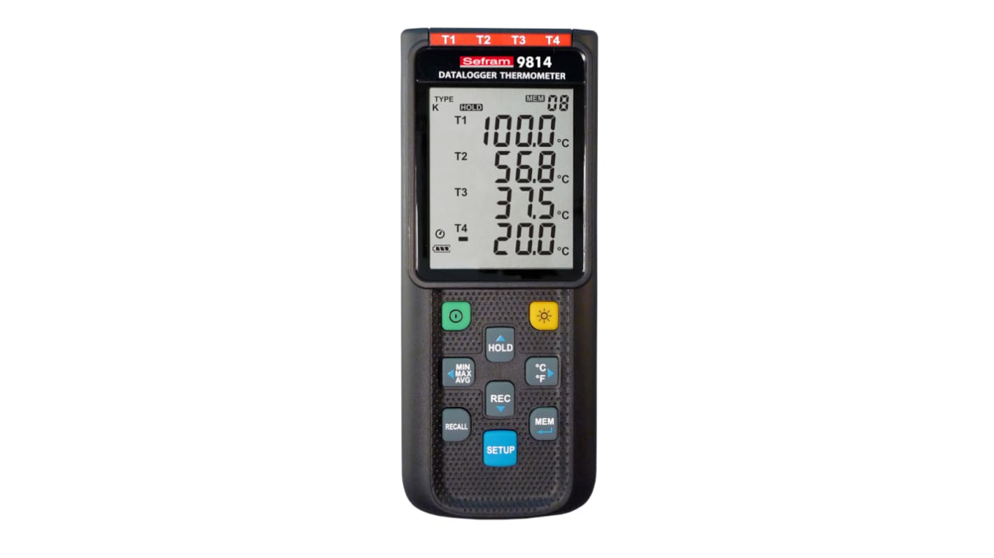 Sefram SEFRAM9814 Desk Digital Thermometer for Measurement Use, E, J, K, T Probe, 4 Input(s), +1372°C Max