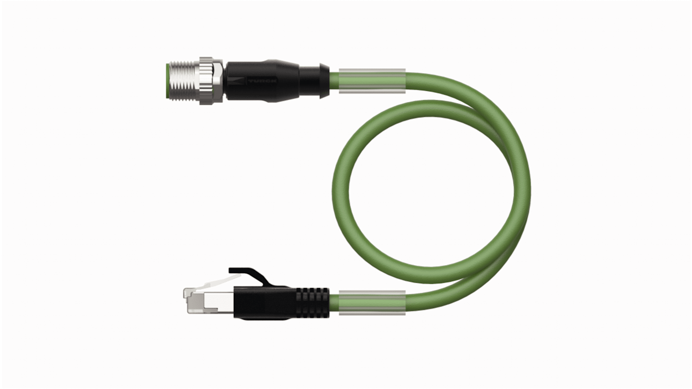 Turck Cat5e Straight Male M12 to Male RJ45 Ethernet Cable, Aluminium Foil, Tinned Copper Braid, Green PUR Sheath, 10m