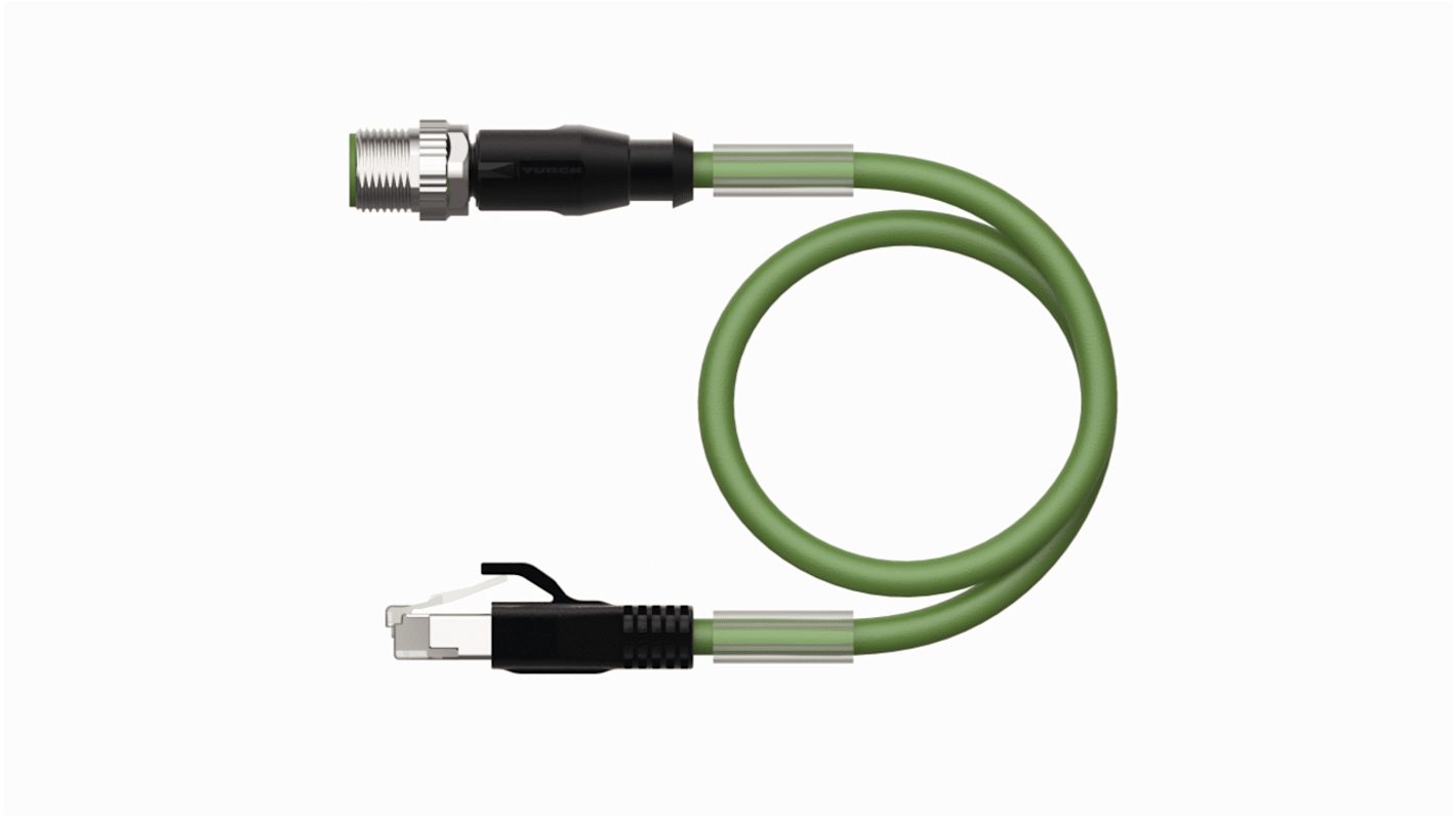 Turck Cat5e Straight Male M12 to Straight Male RJ45 Ethernet Cable, Aluminium Foil, Tinned Copper Braid, Green PUR
