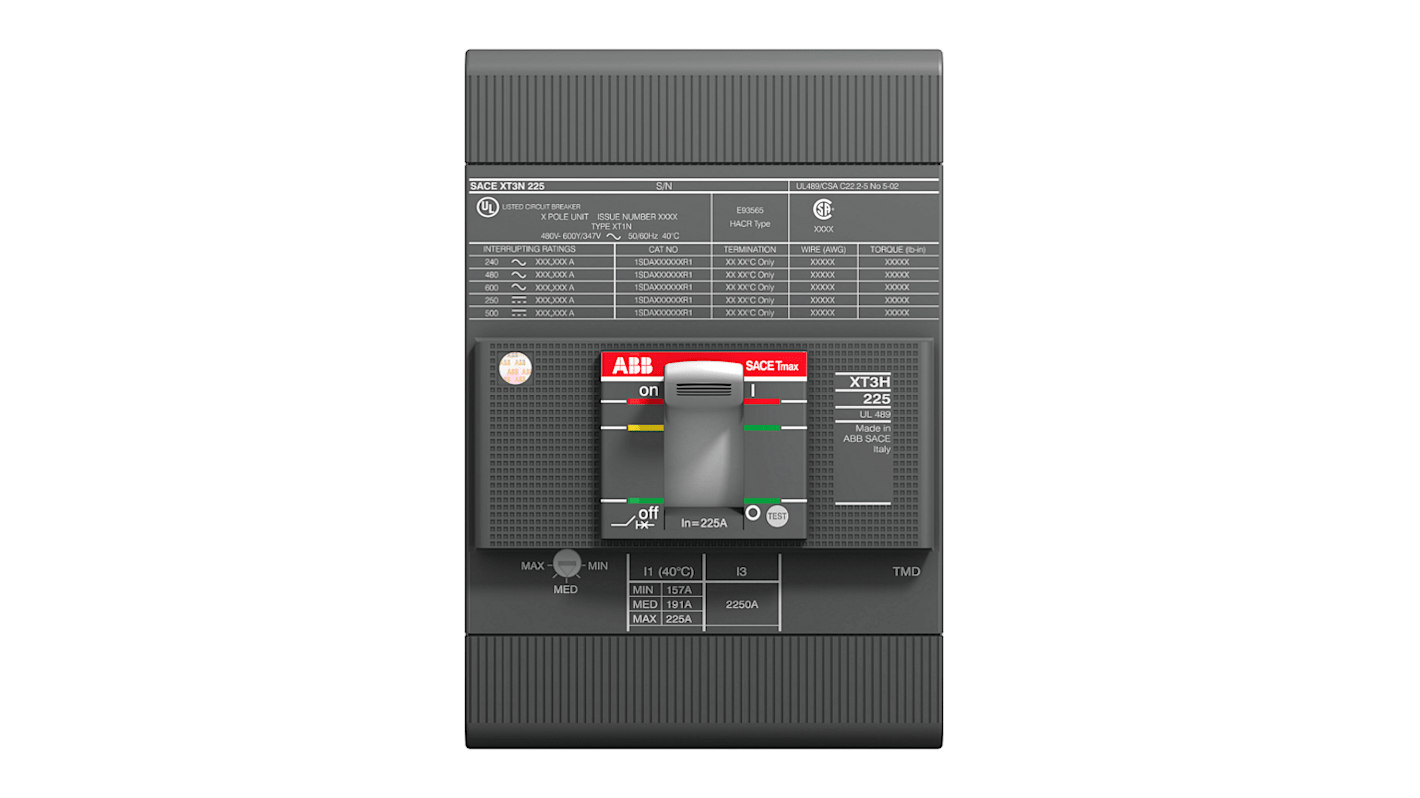 Disyuntores de caja moldeada MCCB ABB, 3 Polos, 150A, Montaje fijo, SACE Tmax XT, XT3N