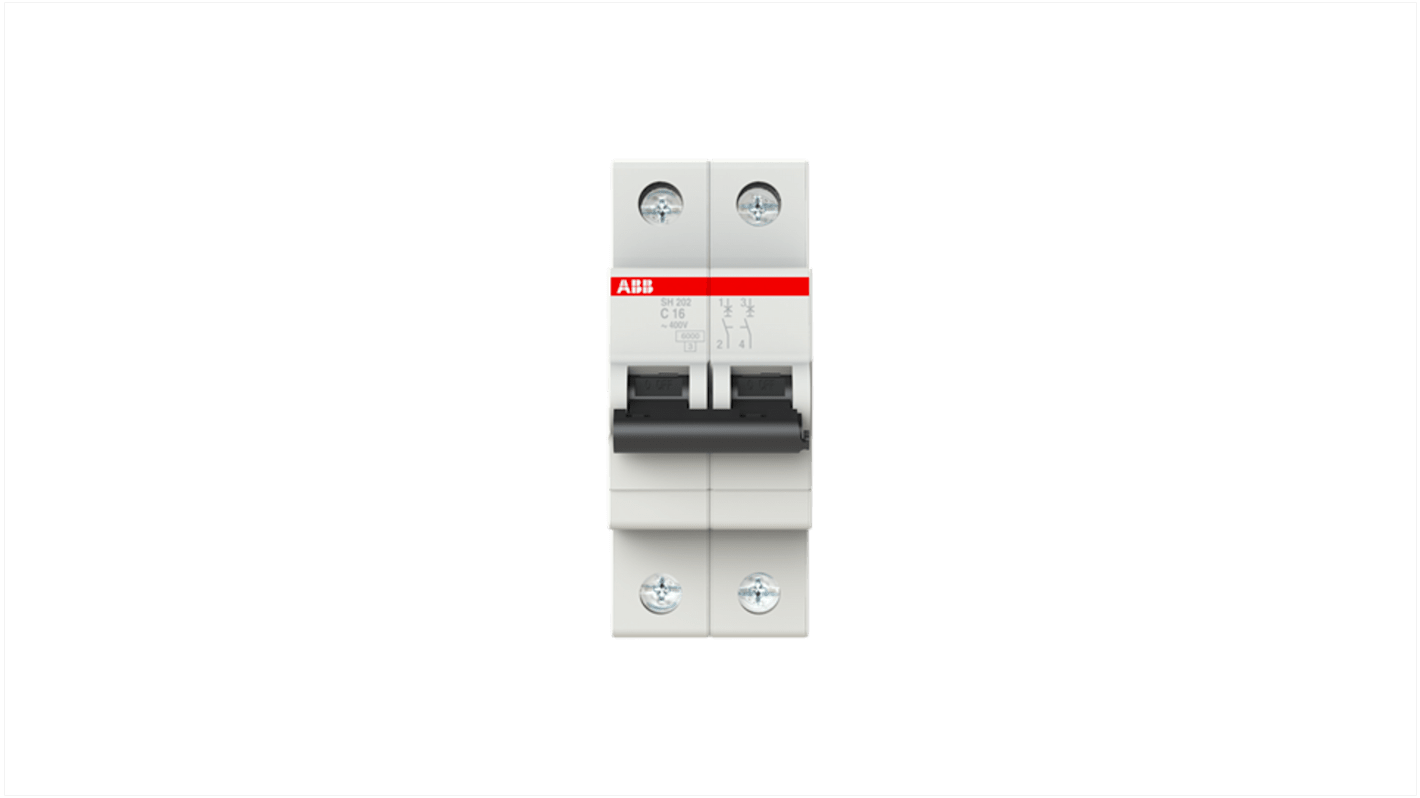 ABB SH200 MCB Leitungsschutzschalter Typ C, 2-polig 16A 400V, Abschaltvermögen 6 kA Compact Home DIN-Schienen-Montage