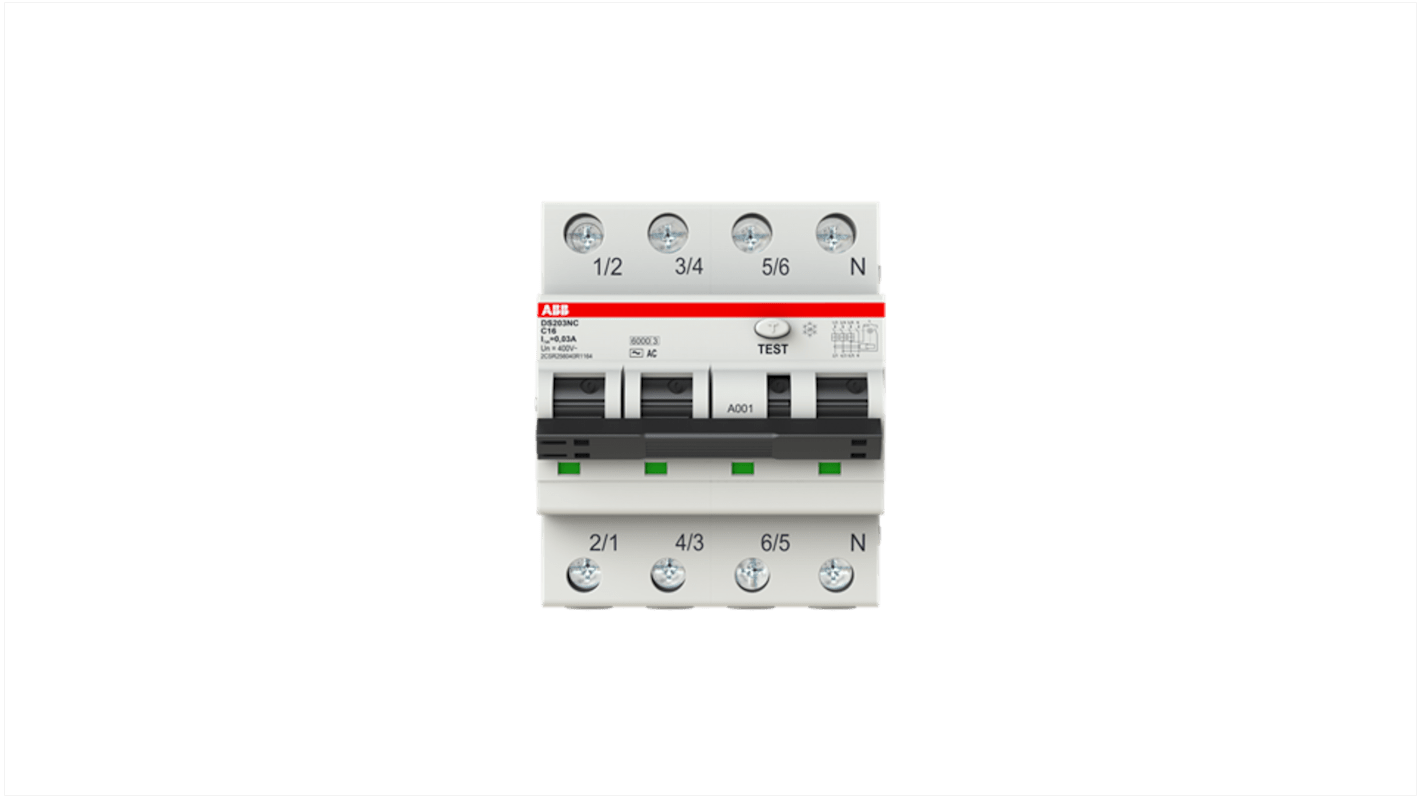 ABB RCBO, 16A Current Rating, 4P Poles, 30mA Trip Sensitivity, Type C