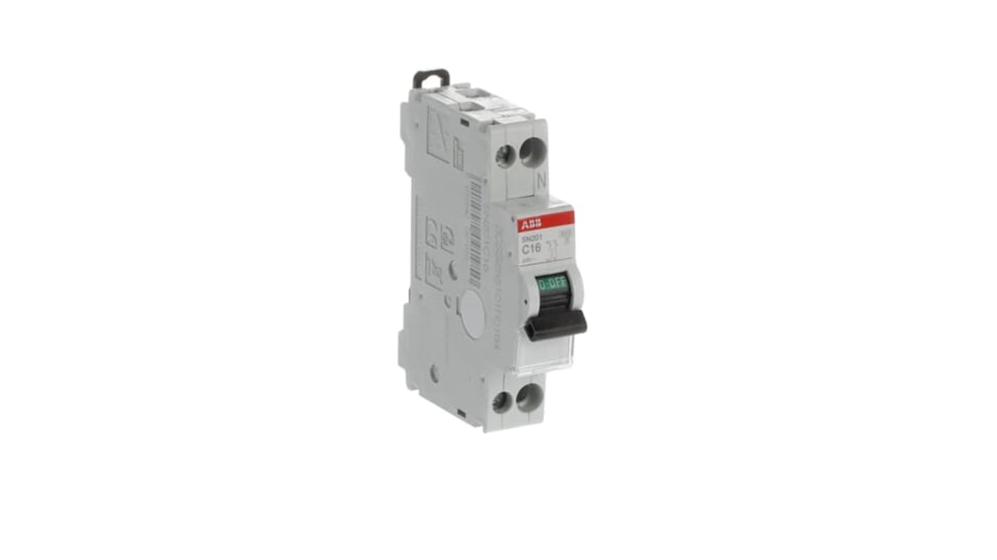 ABB SN201 MCB, 2P, 16A Curve C, 230V AC, 10 kA Breaking Capacity