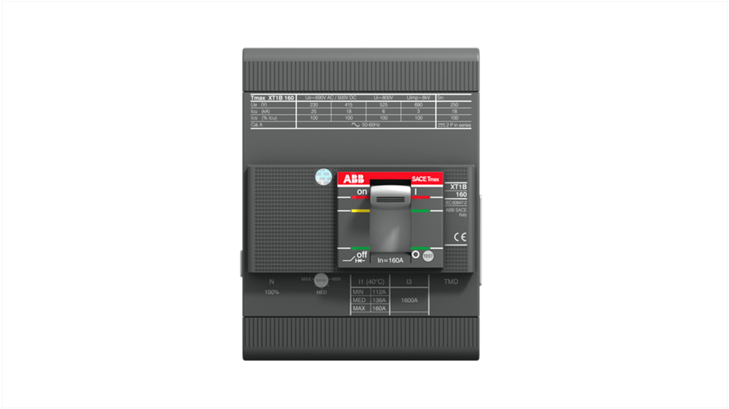 Disyuntores de caja moldeada MCCB ABB, 4 Polos, 100A, Capacidad de Ruptura 25 kA, Montaje fijo, SACE Tmax XT, XT1B