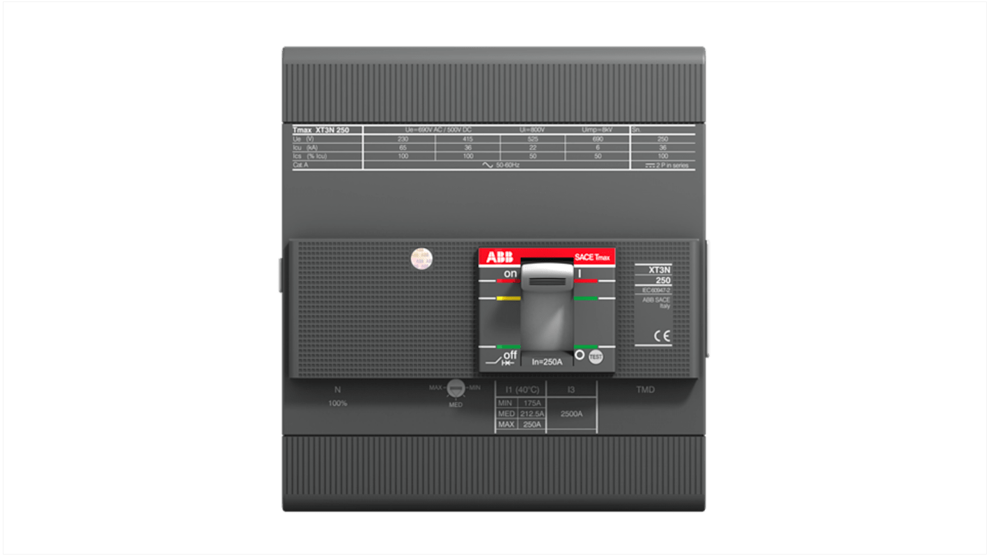 Disyuntores de caja moldeada MCCB ABB, 4 Polos, 200A, Montaje fijo, SACE Tmax XT, XT3N