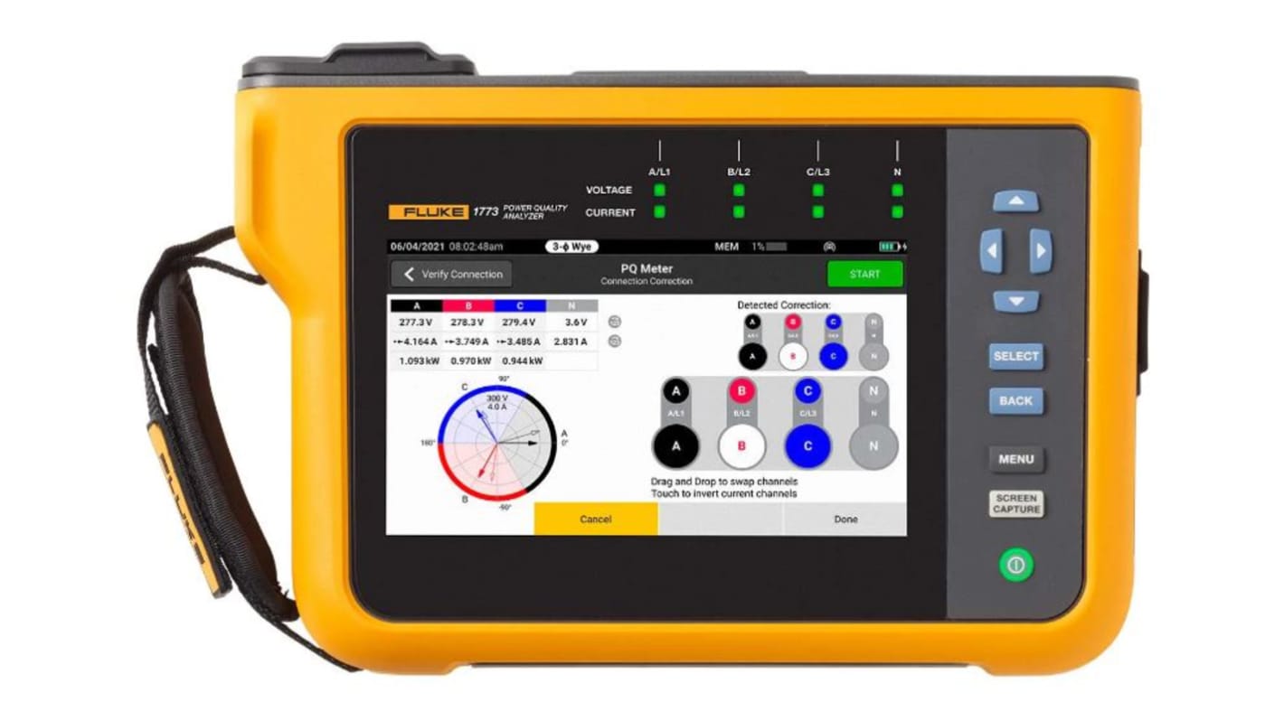 Fluke Villamos hálózat elemző, 1777 3 fázis, Bluetooth, USB, vezeték nélküli, Lítium-ion, 28 x 19 x 6.2cm, 2.1kg