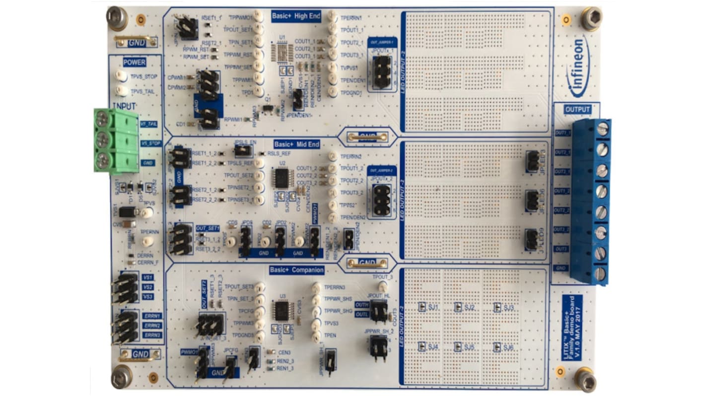 Infineon Evalueringskort Evalueringskort BASICPLUSDEMOBOARDTOBO1 for TLD1114-1EP, TLD2141-3EP, TLD2331-3EP