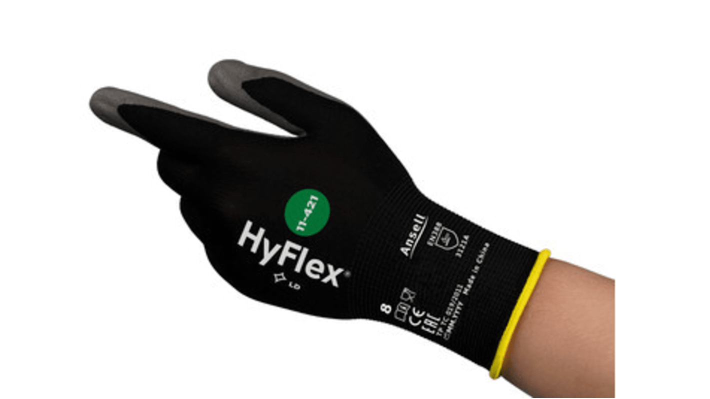 Guantes de trabajo de Nylon Negro Ansell serie HyFlex, talla 7, con recubrimiento de Poliuretano, Resistente a la