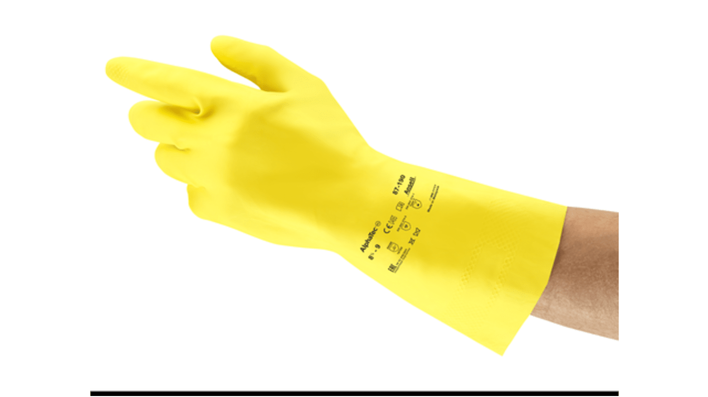 Ansell AlphaTec Yellow Latex Chemical Resistant Work Gloves, Size 7.5 to 8, Latex Coating