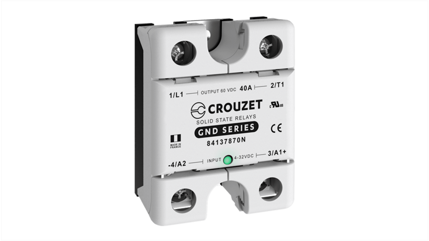 Crouzet Halvlederrelæ, Panelmontering-montering, Maks. 60 V rms, 40 A, DC-koblende