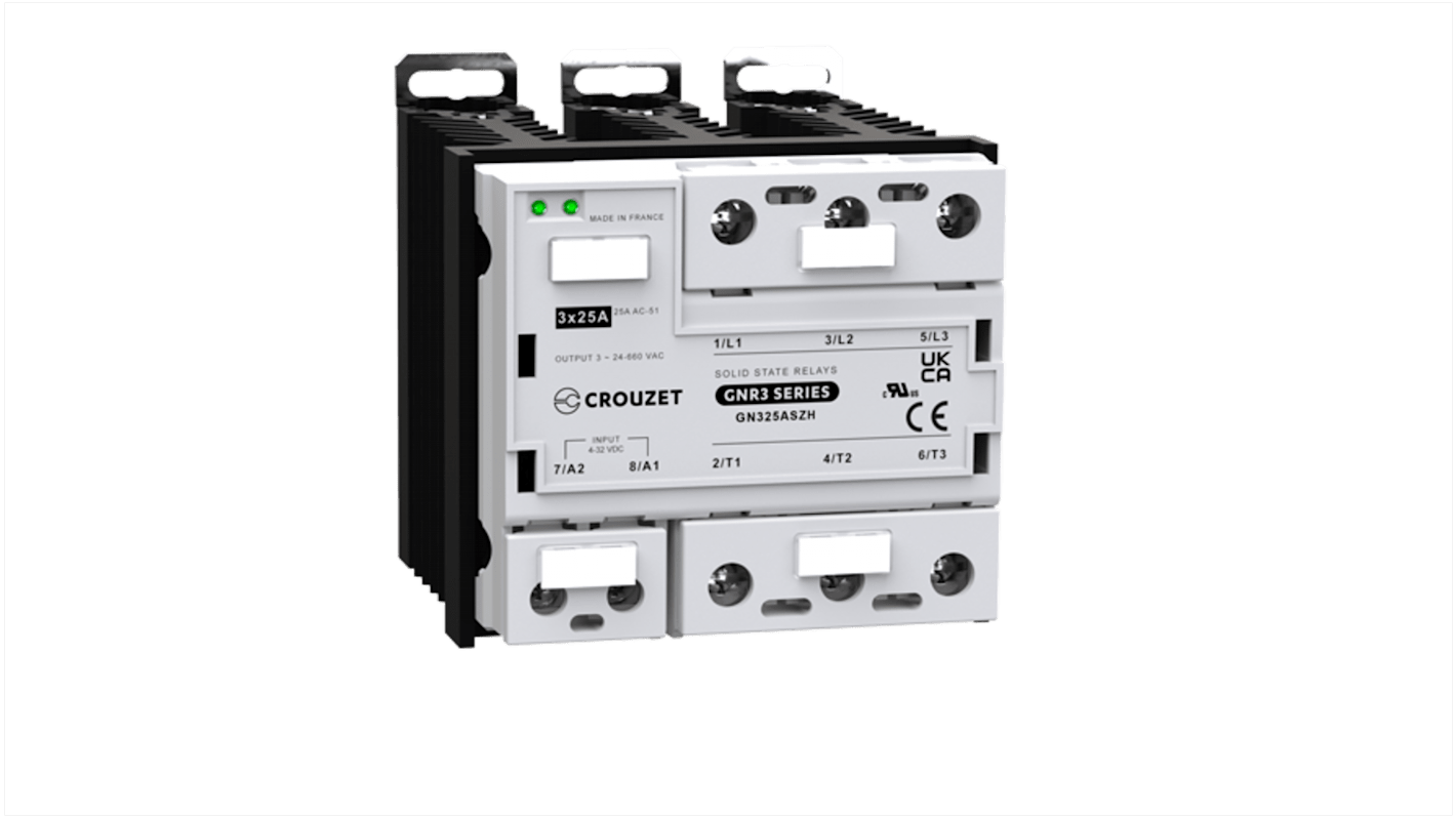 Crouzet Halvlederrelæ, DIN-skinne-montering, Maks. 660 V rms, 25 A Tyristor, Nulgennemgang