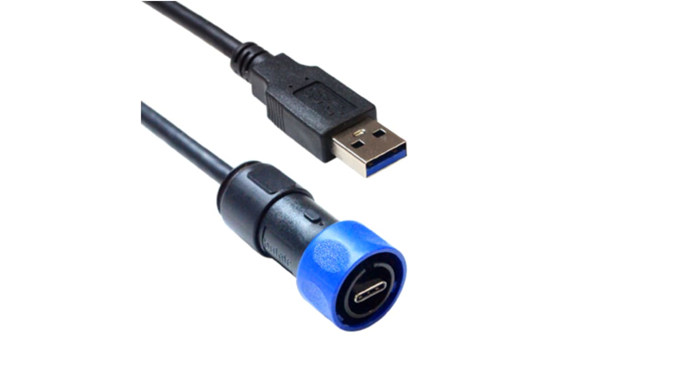 Cable USB 3.2 Bulgin, con A. USB C Macho, con B. USB A Macho, long. 2m, color Negro