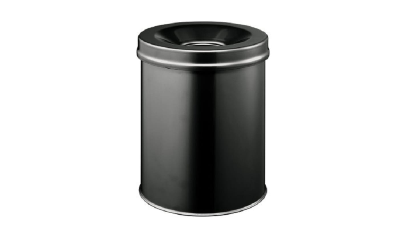 Durable Waste Basket Safe Round 15L Black Flip Steel Waste Bin