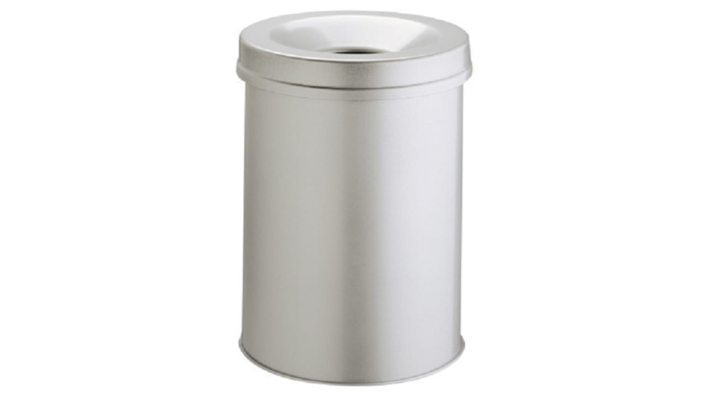 Durable Waste Basket Safe Round 15L Grey Flip Steel Waste Bin