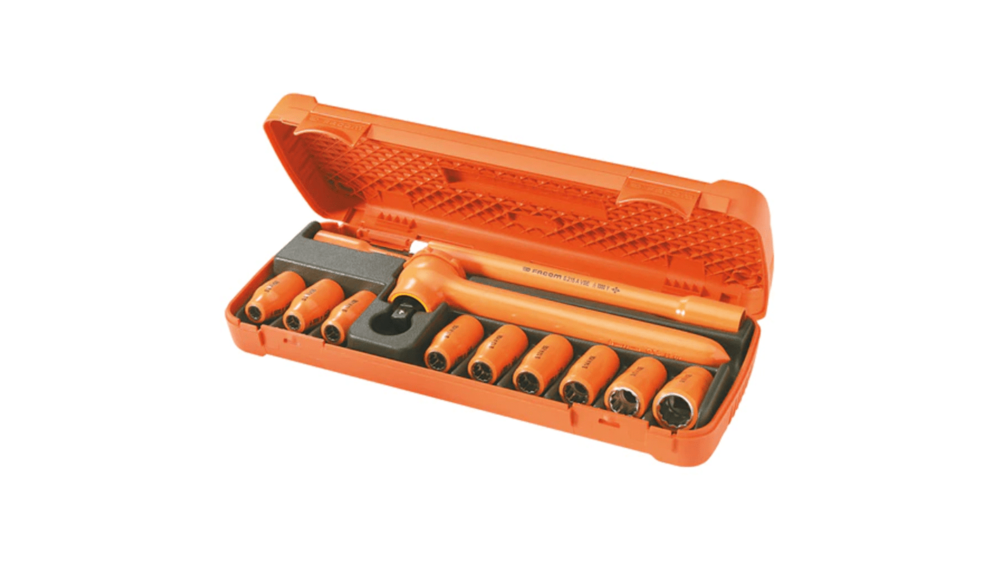 Facom 12-Piece Metric 1/2 in Standard Socket Set with Ratchet, 12 point, VDE/1000V