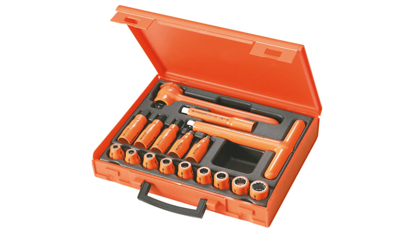 Facom 17-Piece Metric 1/2 in Standard Socket/Bit Set with Ratchet, 12 point, VDE/1000V