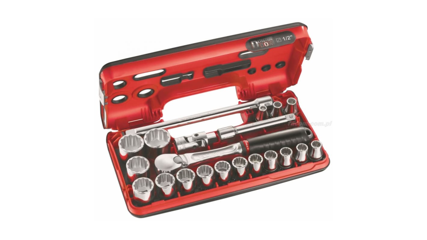 Facom 21-Piece Metric 1/2 in Standard Socket Set with Ratchet, 12 point