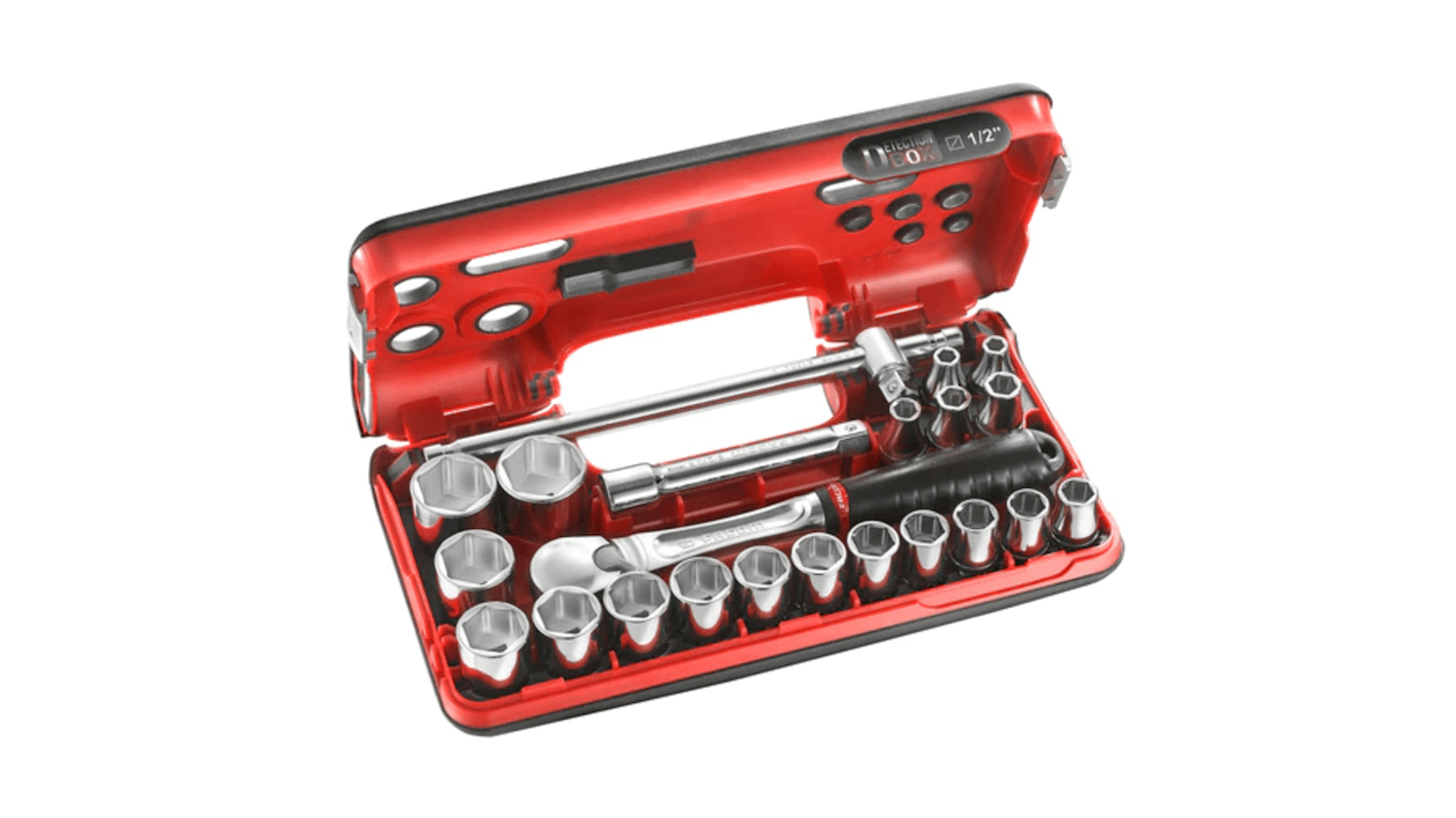 Facom 22-Piece Metric 1/2 in Standard Socket Set with Ratchet, 6 point