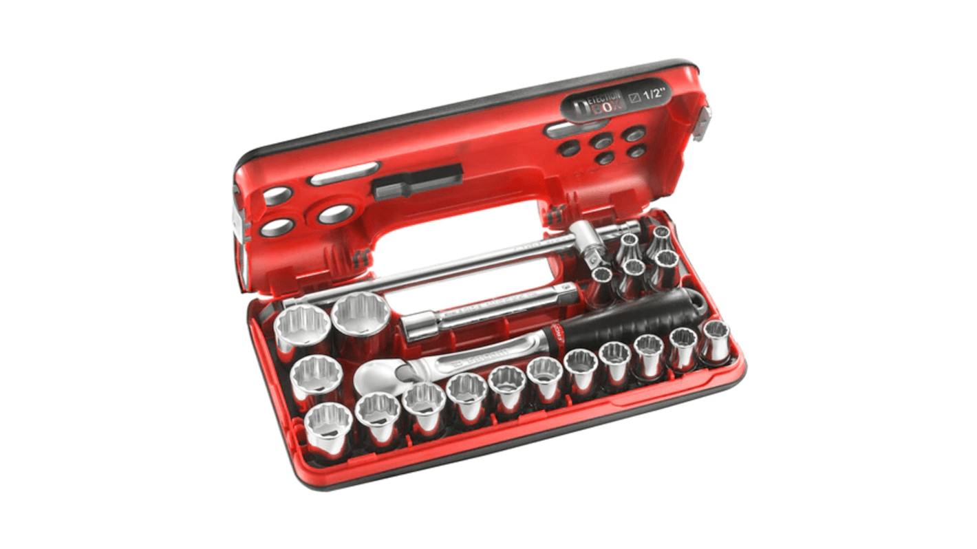 Facom 22-Piece Metric 1/2 in Standard Socket Set with Ratchet, 12 point