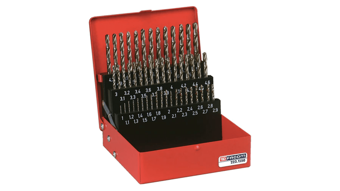 Facom 50-Piece Twist Drill Bit Set for Masonry, 5.9mm Max, 1mm Min, Stainless Steel Bits