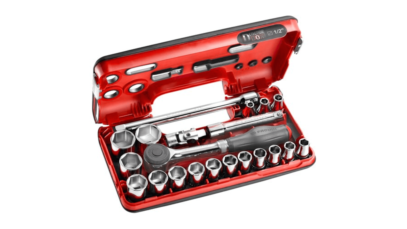 Facom 21-Piece Metric 1/2 in Standard Socket Set with Ratchet, 6 point