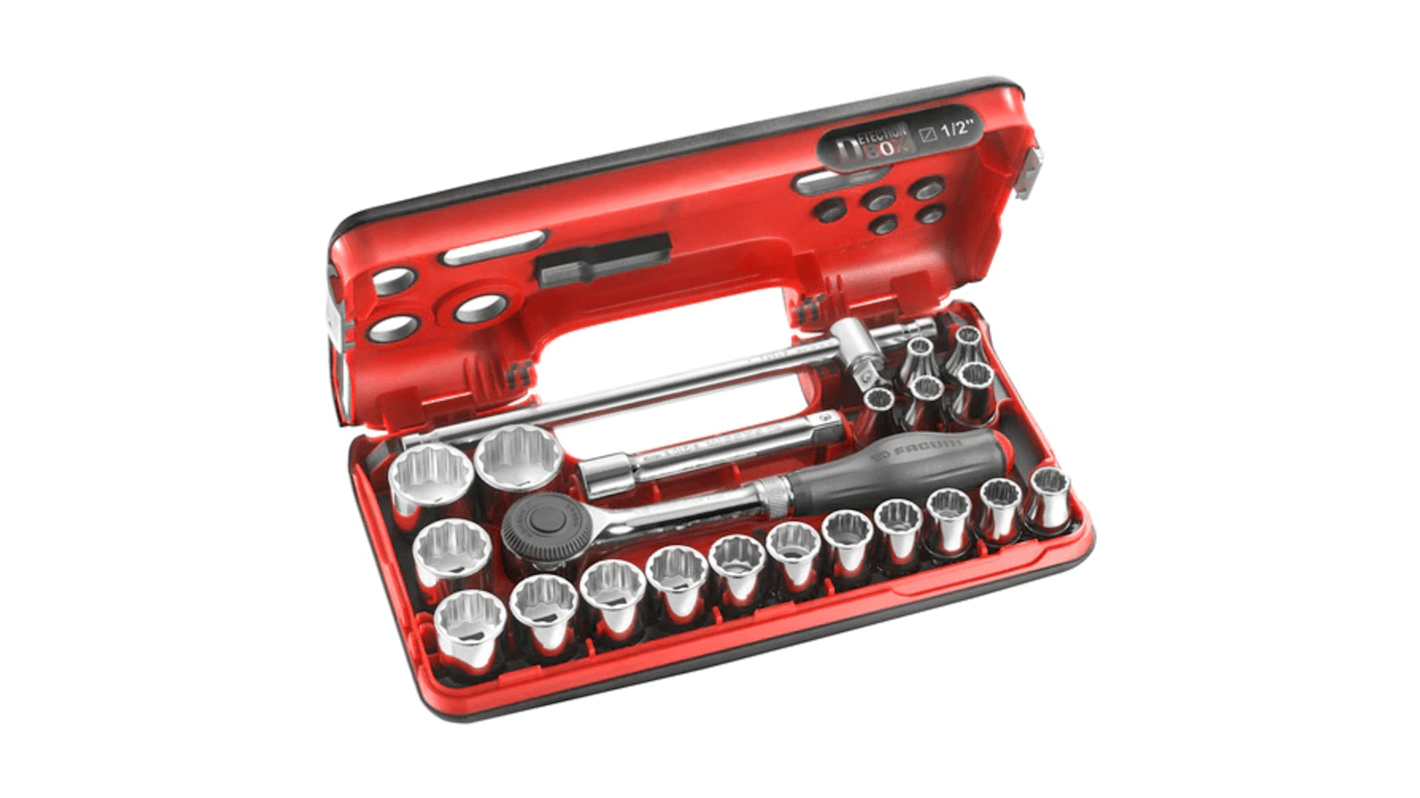 Facom 22-Piece Metric 1/2 in Standard Socket Set with Ratchet, 12 point