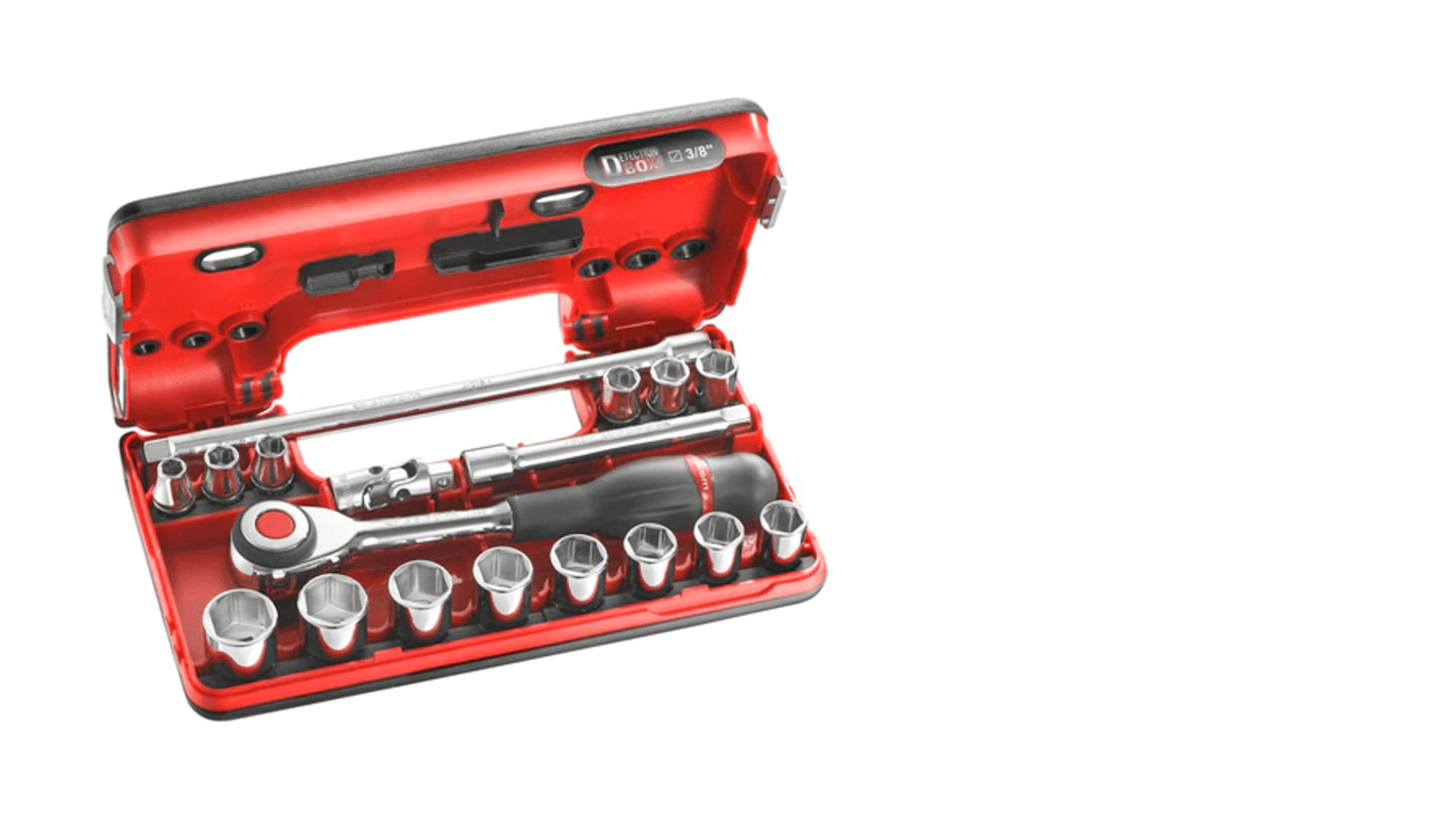 Facom 18-Piece Metric 3/8 in Standard Socket Set with Ratchet, 6 point