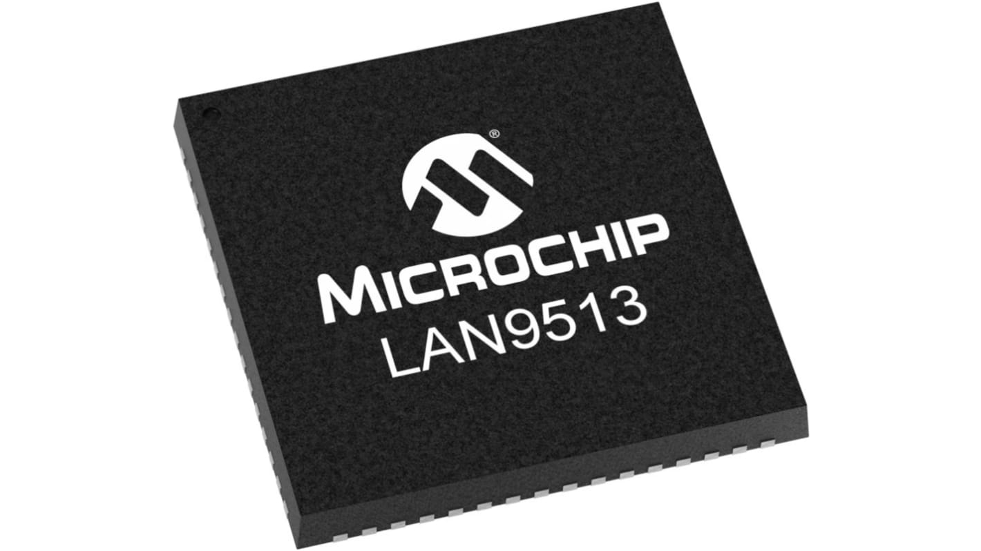 Microchip LAN9513I-JZX, Ethernet Controller, 1.5 Mbps, 12 Mbps, 480 Mbps, 3.3 V, 64-Pin QFN