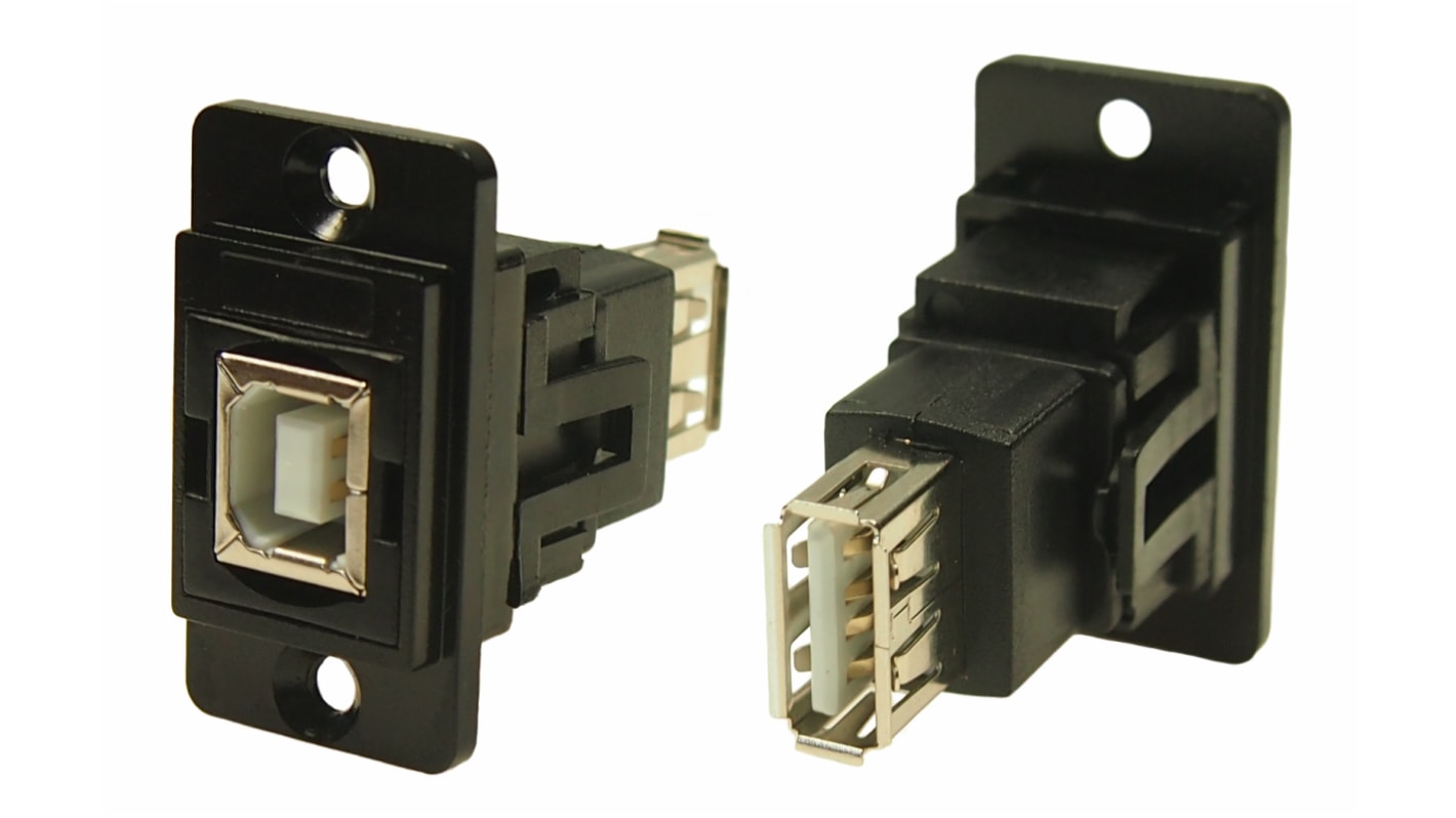 Conector USB RS PRO, Hembra a Hembra, 2 puertos, Recto, Montaje en Panel, Versión 2.0