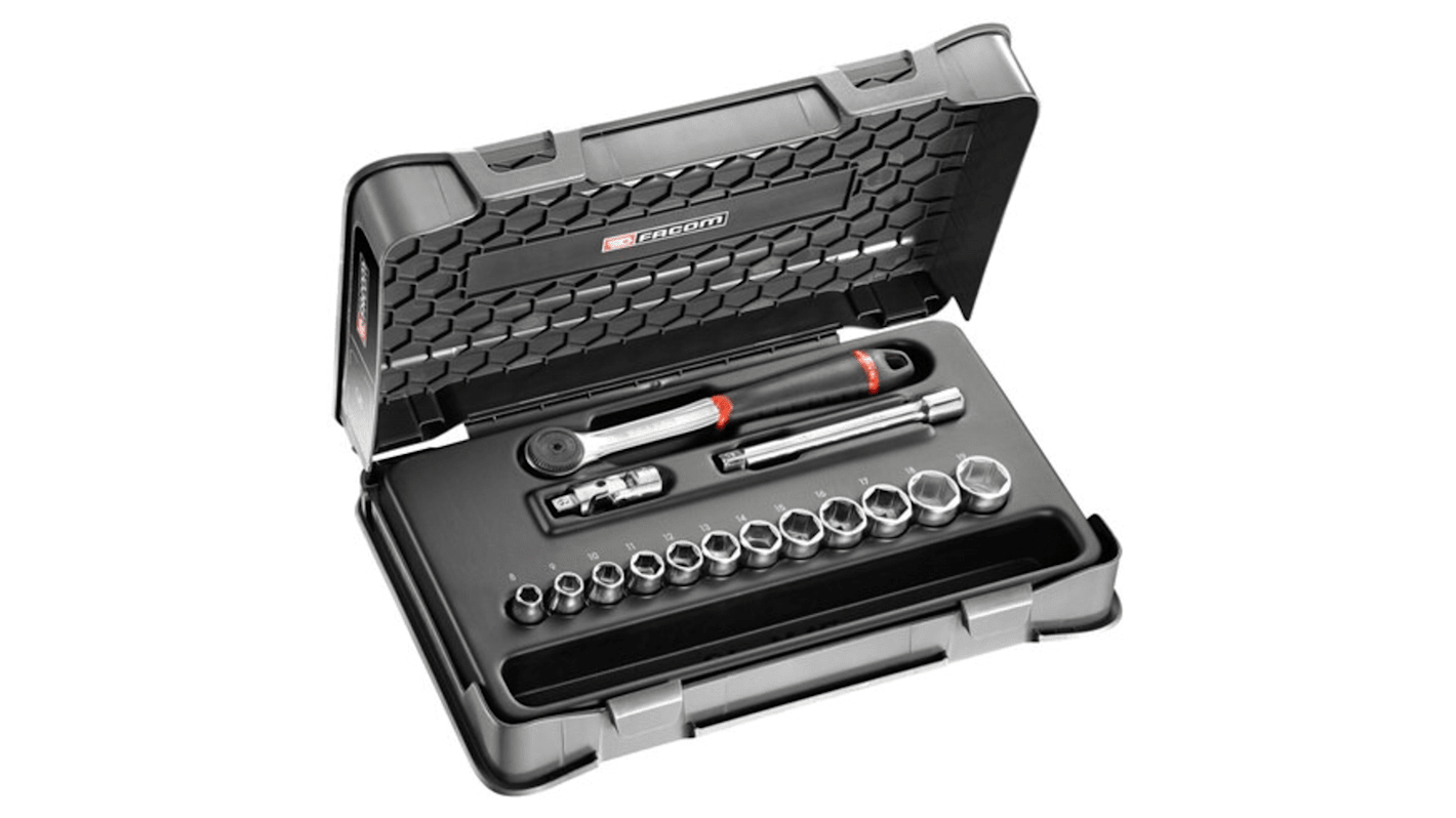 Facom 18-Piece Metric 3/8 in Standard Socket Set with Ratchet, 12 point