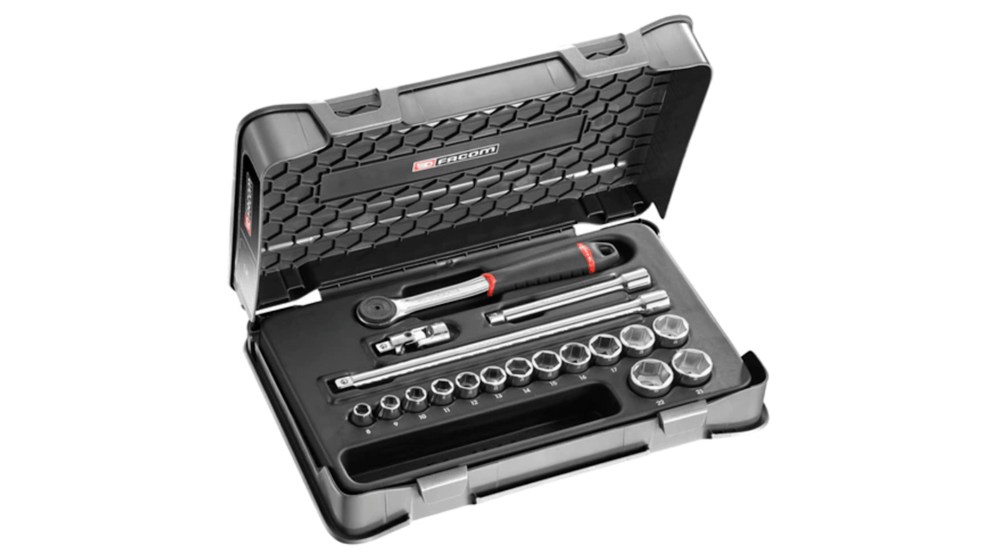 Facom 18-Piece Metric 3/8 in Standard Socket Set with Ratchet, 6 point