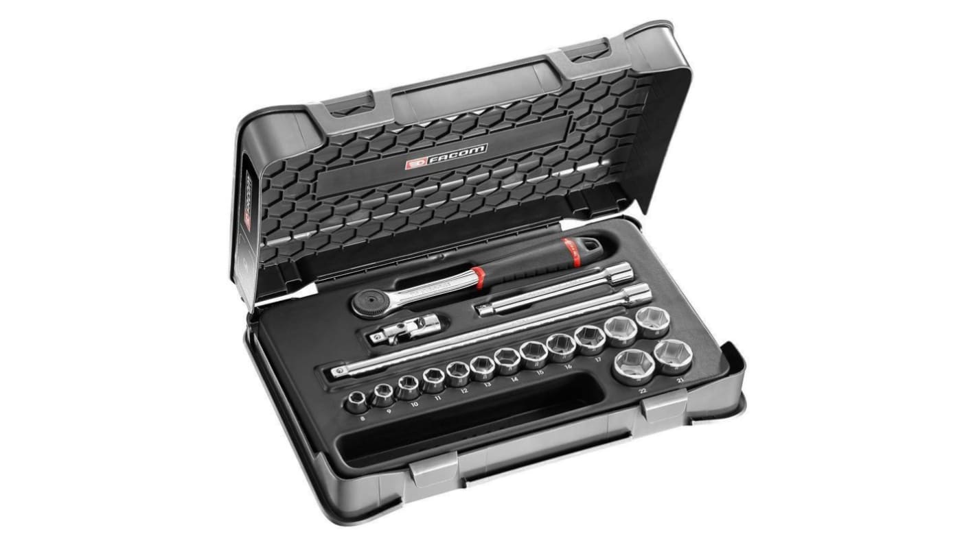 Facom 18-Piece Metric 3/8 in Standard Socket Set with Ratchet, 6 point