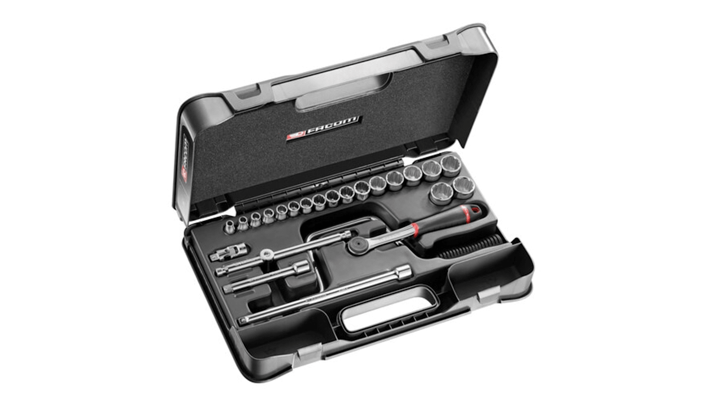 Facom 24-Piece Metric 3/8 in Standard Socket Set with Ratchet, 12 point