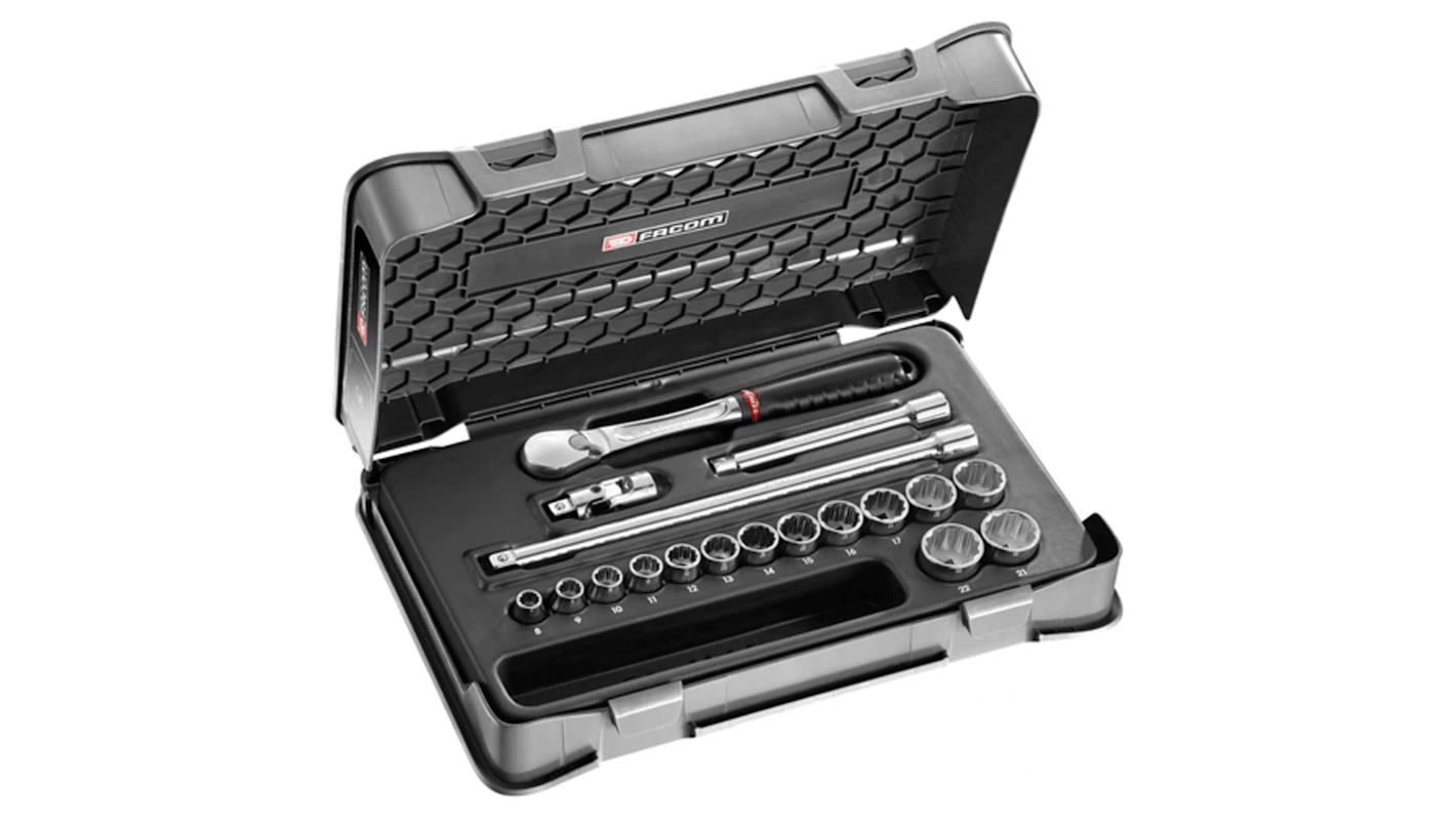 Facom 18-Piece Metric 3/8 in Standard Socket Set with Ratchet, 12 point