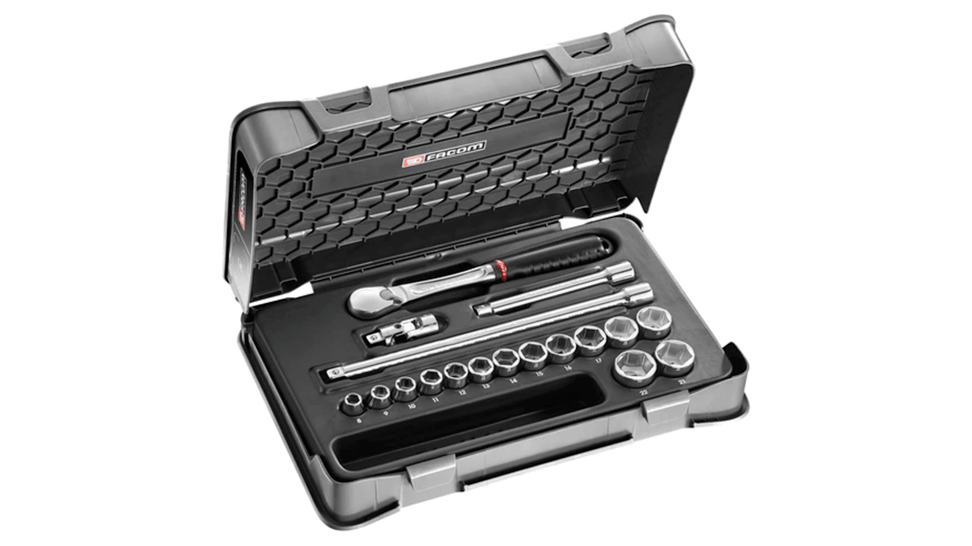 Facom 18-Piece Metric 3/8 in Standard Socket Set with Ratchet, 6 point