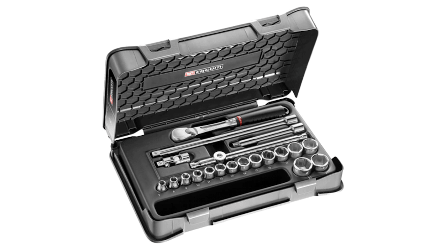 Facom 20-Piece Metric 3/8 in Standard Socket Set with Ratchet, 6 point