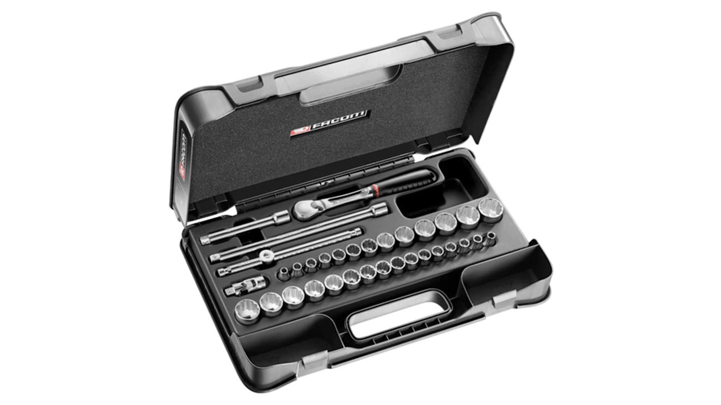 Facom 34-Piece Imperial, Metric 3/8 in Deep Socket/Standard Socket Set with Ratchet, 12 point