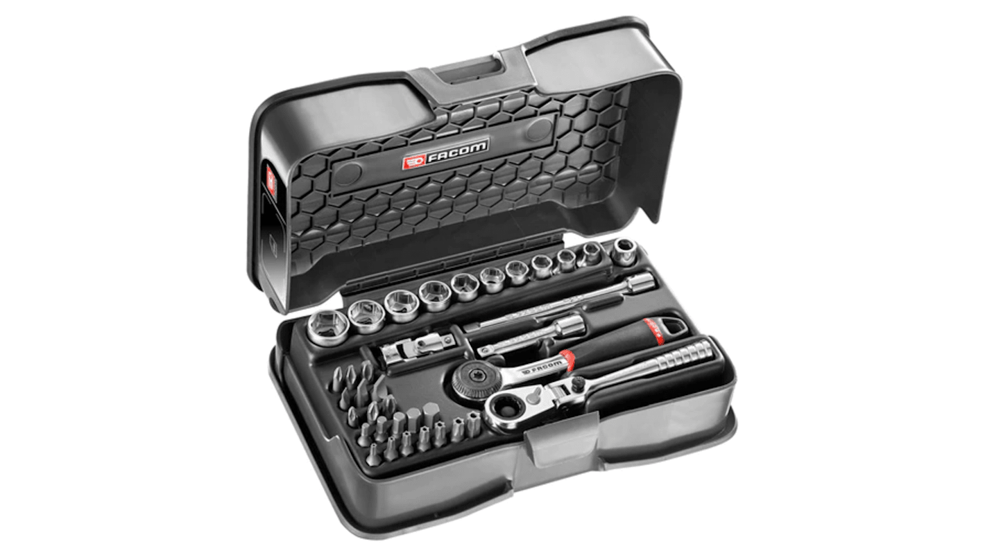 Facom 37-Piece Metric 1/4 in Standard Socket/Bit Set with Ratchet, 6 point; Hex Bit; Phillips Bit; Pozidriv Bit;