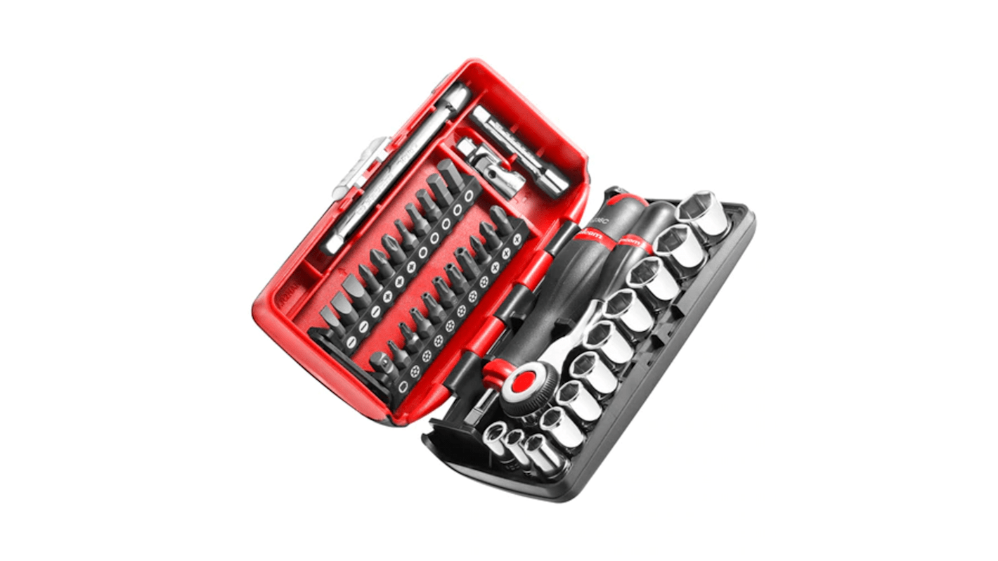 Facom 38-Piece Metric 1/4 in Standard Socket/Bit Set with Ratchet, 6 point; Hex Bit; Phillips Bit; Pozidriv Bit;