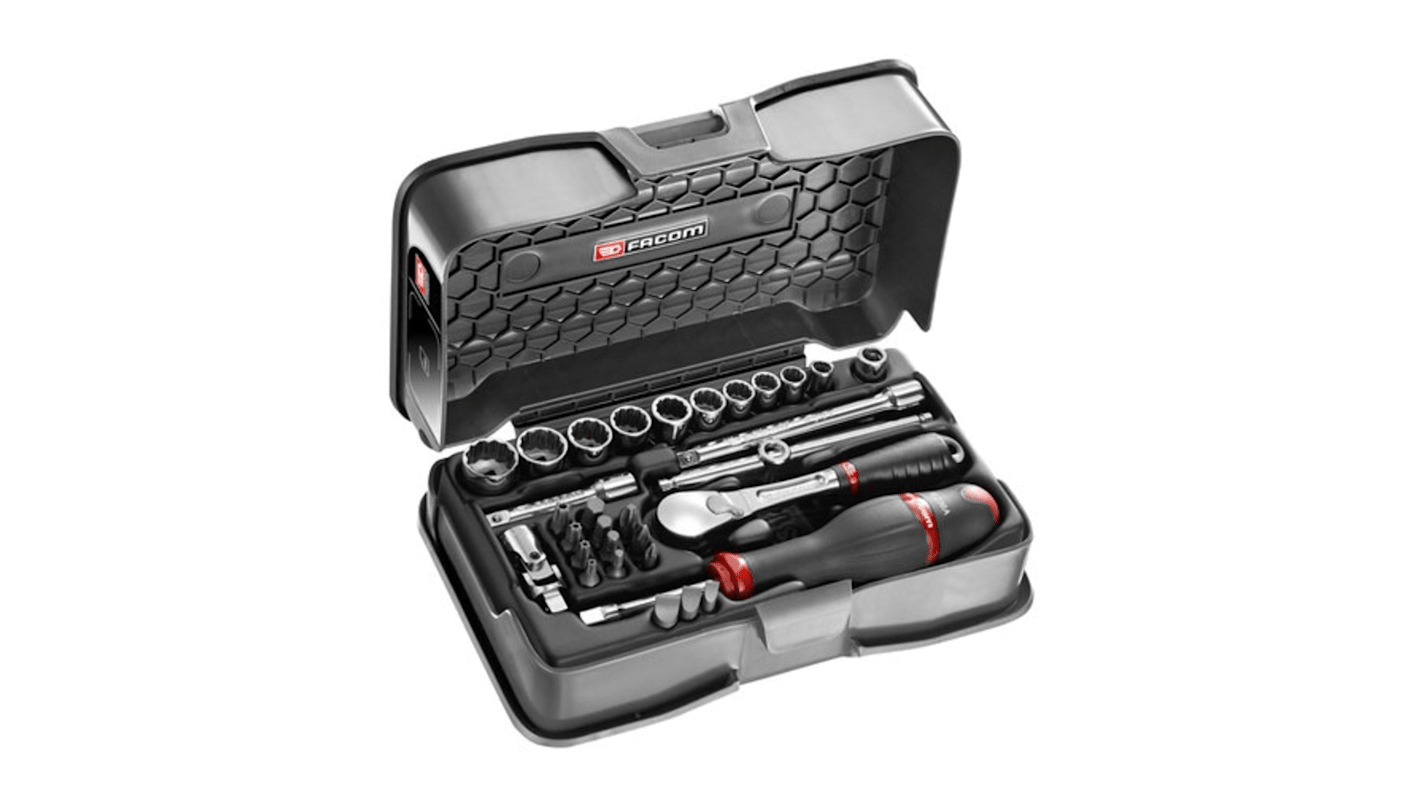 Facom 31-Piece Metric 1/4 in Standard Socket/Bit Set with Ratchet, 12 point; Hex Bit; Phillips Bit; Slotted Bit; Torx