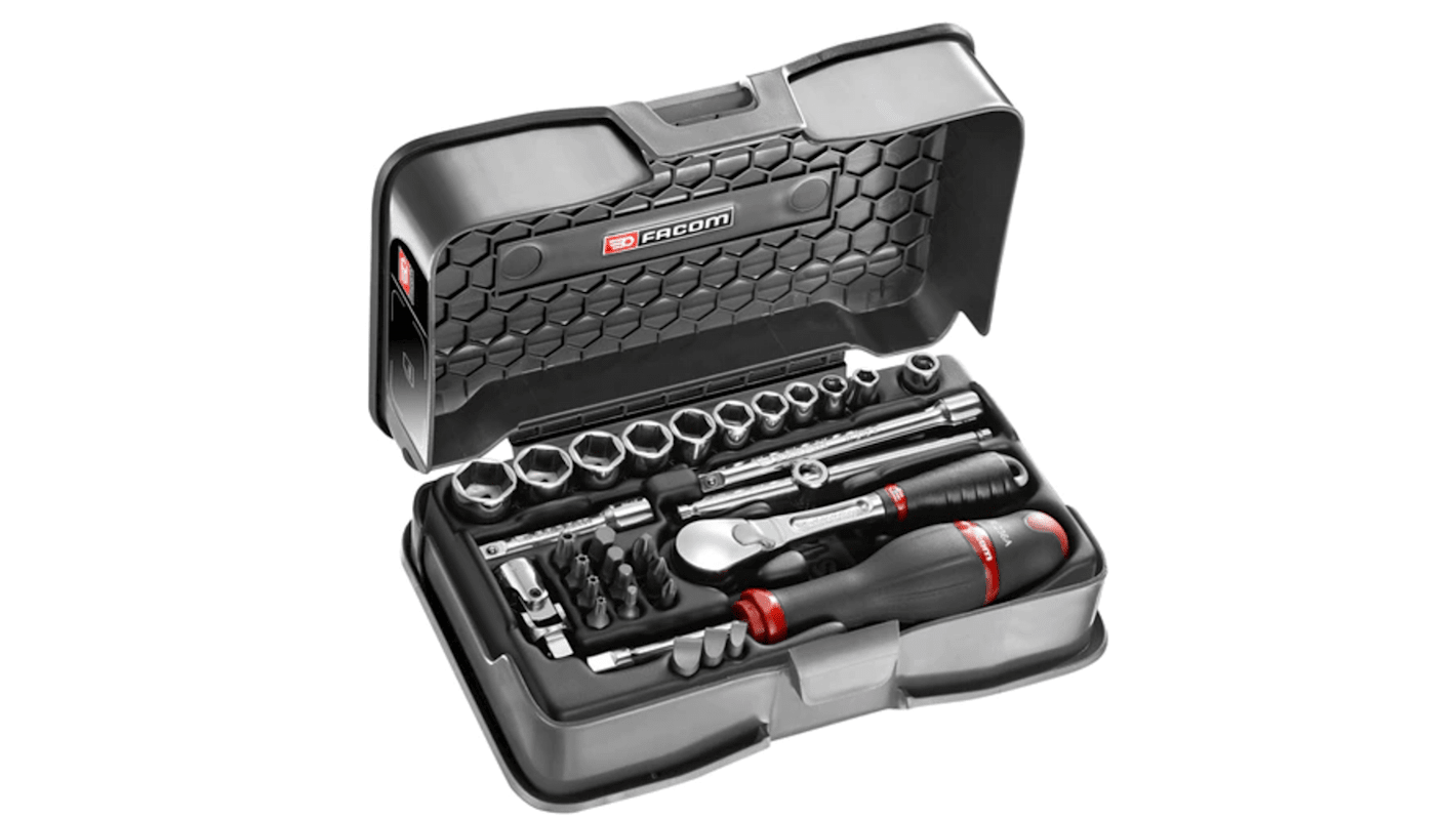 Facom 31-Piece Metric 1/4 in Standard Socket/Bit Set with Ratchet, 6 point; Hex Bit; Phillips Bit; Slotted Bit; Torx Bit