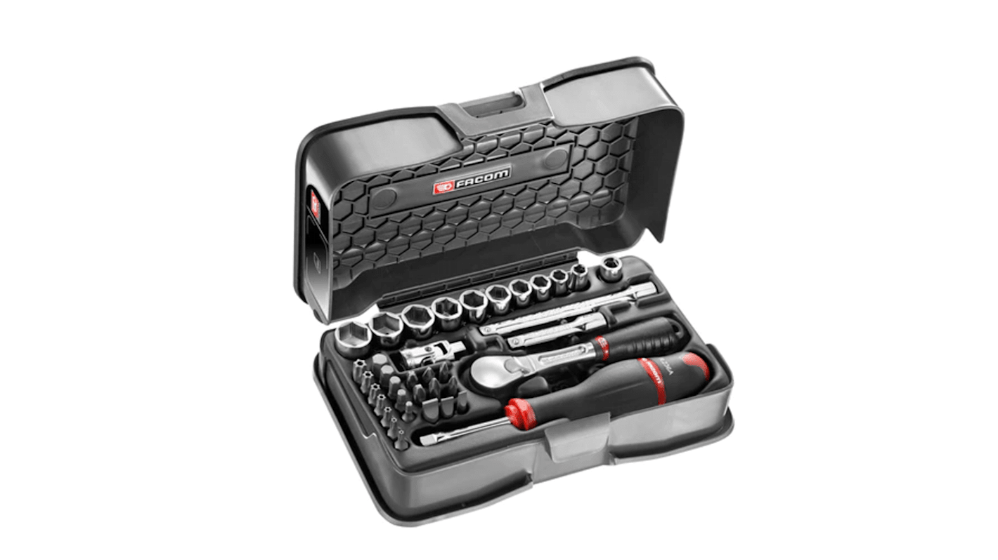 Facom 37-Piece Imperial 1/4 in Standard Socket/Bit Set with Ratchet, 6 point; Hex Bit; Phillips Bit; Pozidriv Bit;