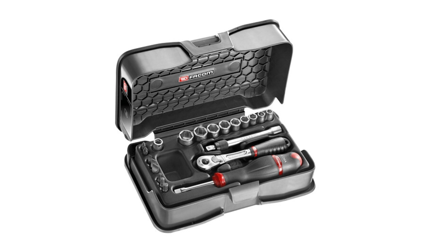 Facom 21-Piece Metric 1/4 in Standard Socket/Bit Set with Ratchet, 6 point; Hex Bit; Phillips Bit; Slotted Bit