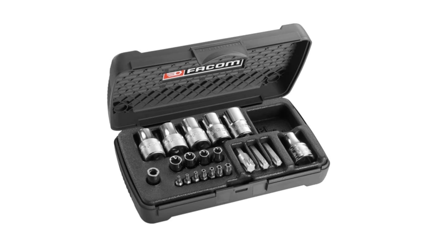 Facom 21-Piece 1/2 in; 1/4 in Standard Socket/Bit Set with Ratchet, e-Torx; Torx Bit