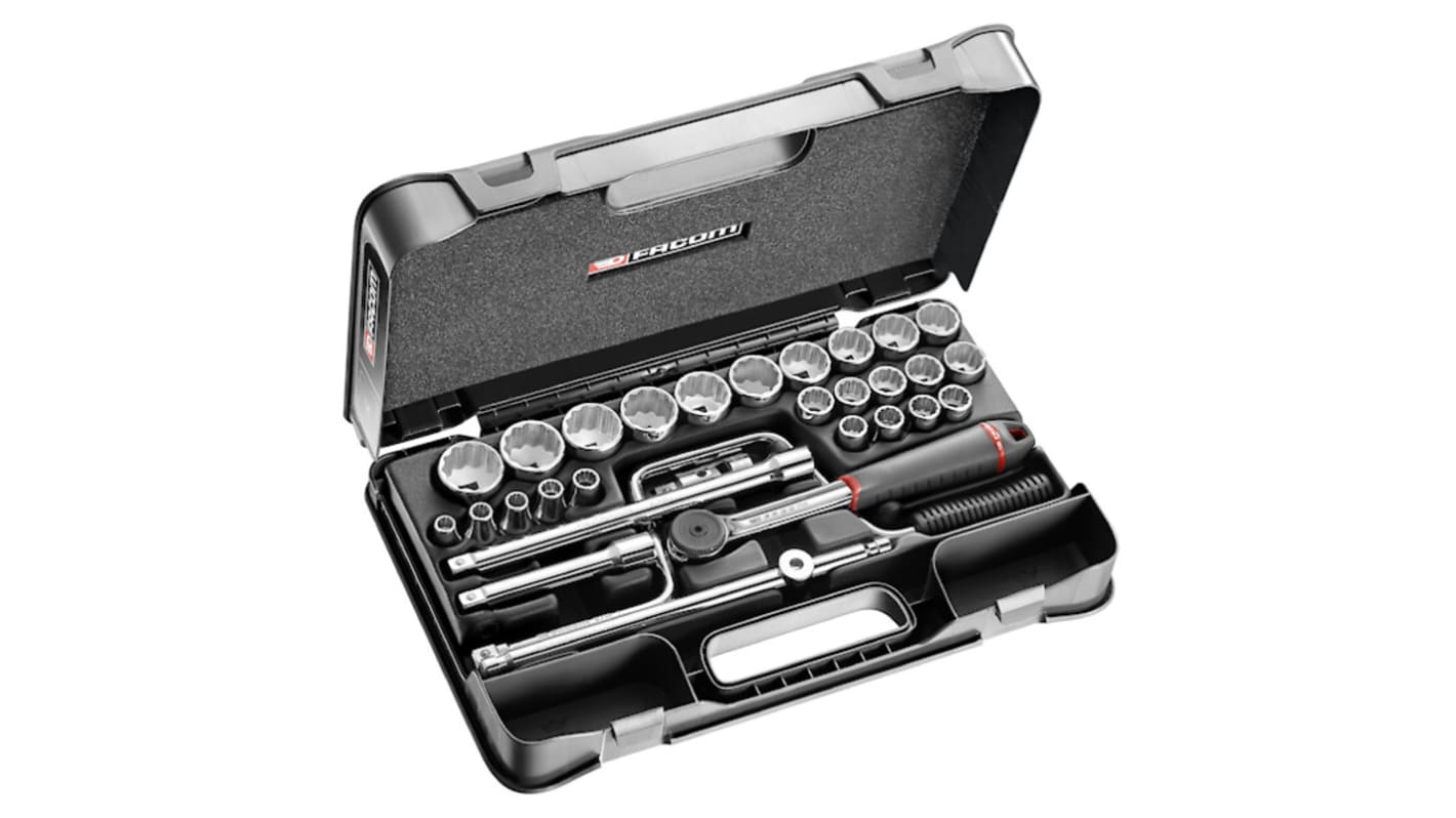 Facom 30-Piece Metric 1/2 in Standard Socket Set with Ratchet, 12 point